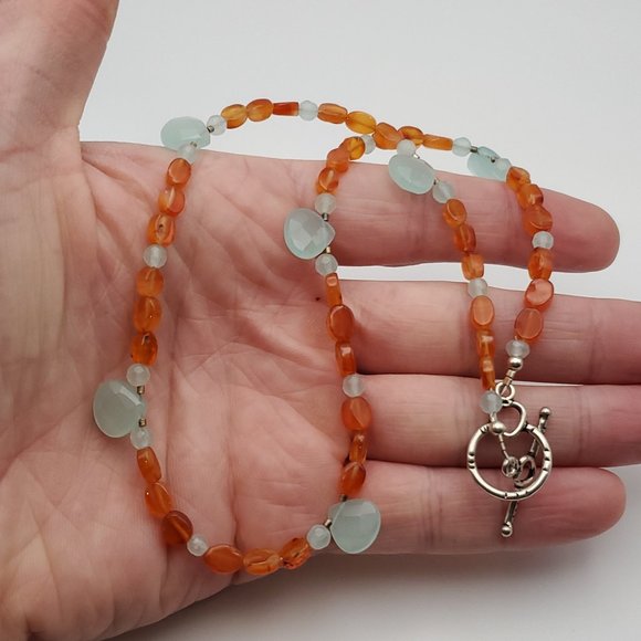 Jewelry - 16 Inch 925 Sterling Silver Blue Glass And Orange Stones Necklace